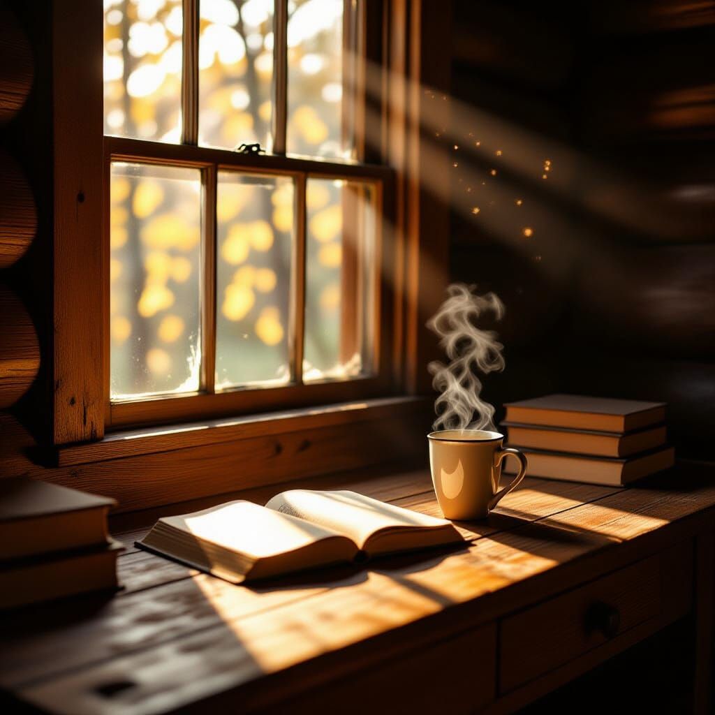 Peaceful Cabin Window Seat: Golden Hour Light