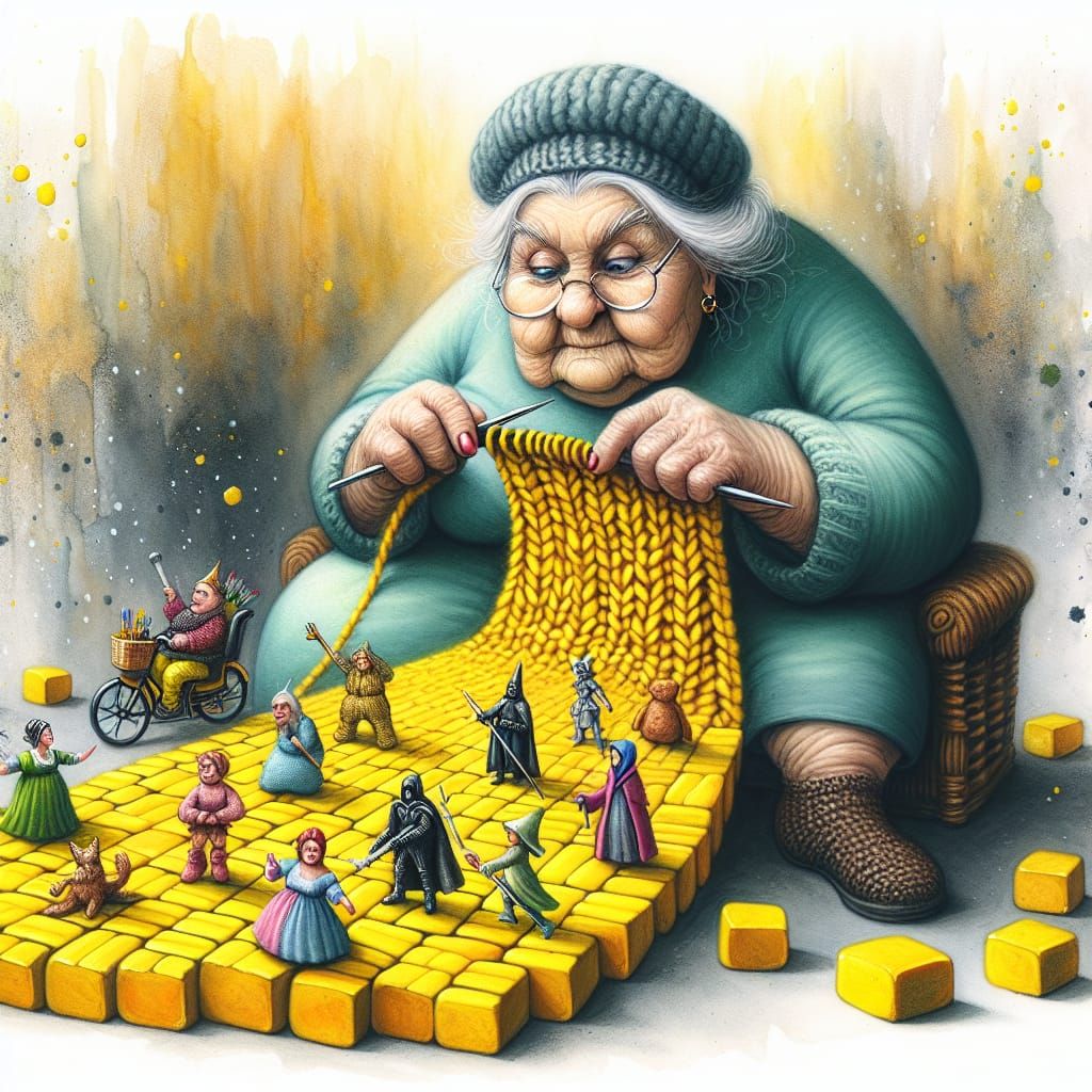 Whimsical Caricature of Elderly Woman Knitting the Yellow Br...