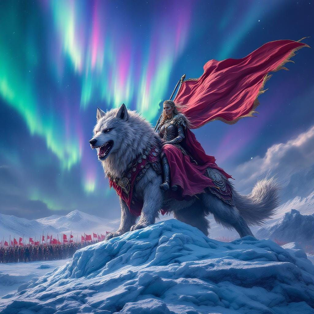 Viking Leader on War Wolf Under Northern Lights