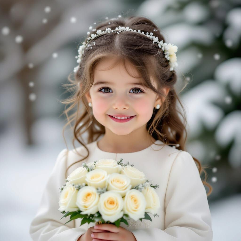Flower Girl in Snow-White Dress with Silver Dews