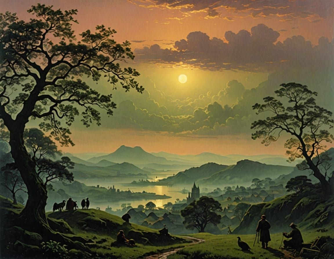 Serene Village Scene in Dreamlike Atmosphere