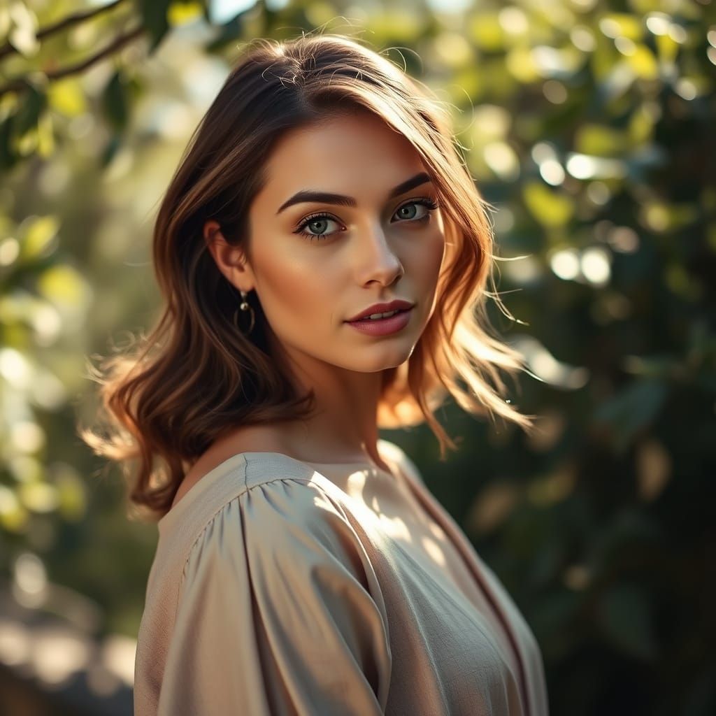 Serene Portrait of Elegant Woman in Sunlit Garden