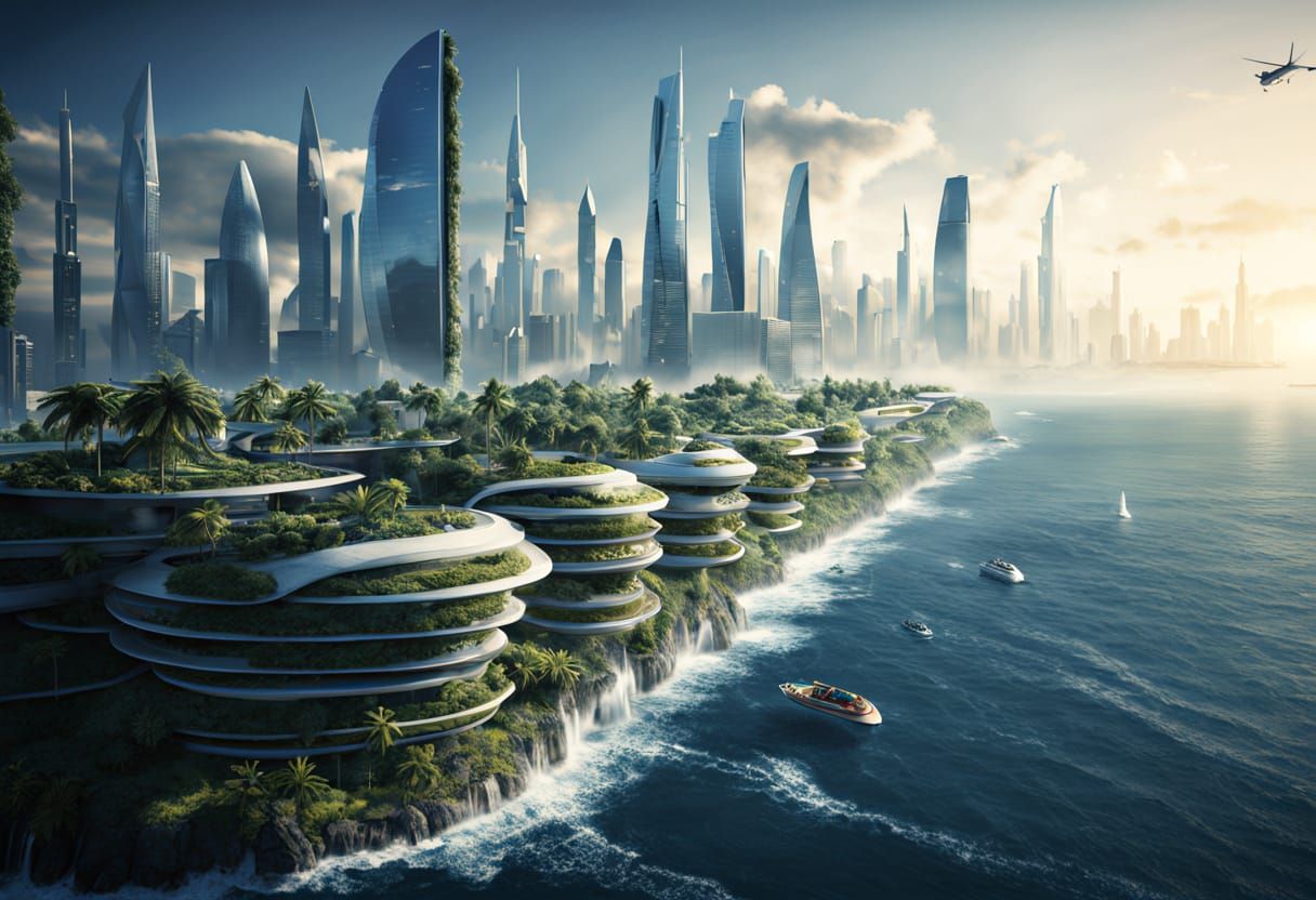 Solarpunk Coastal Utopia with Postmodern Architecture