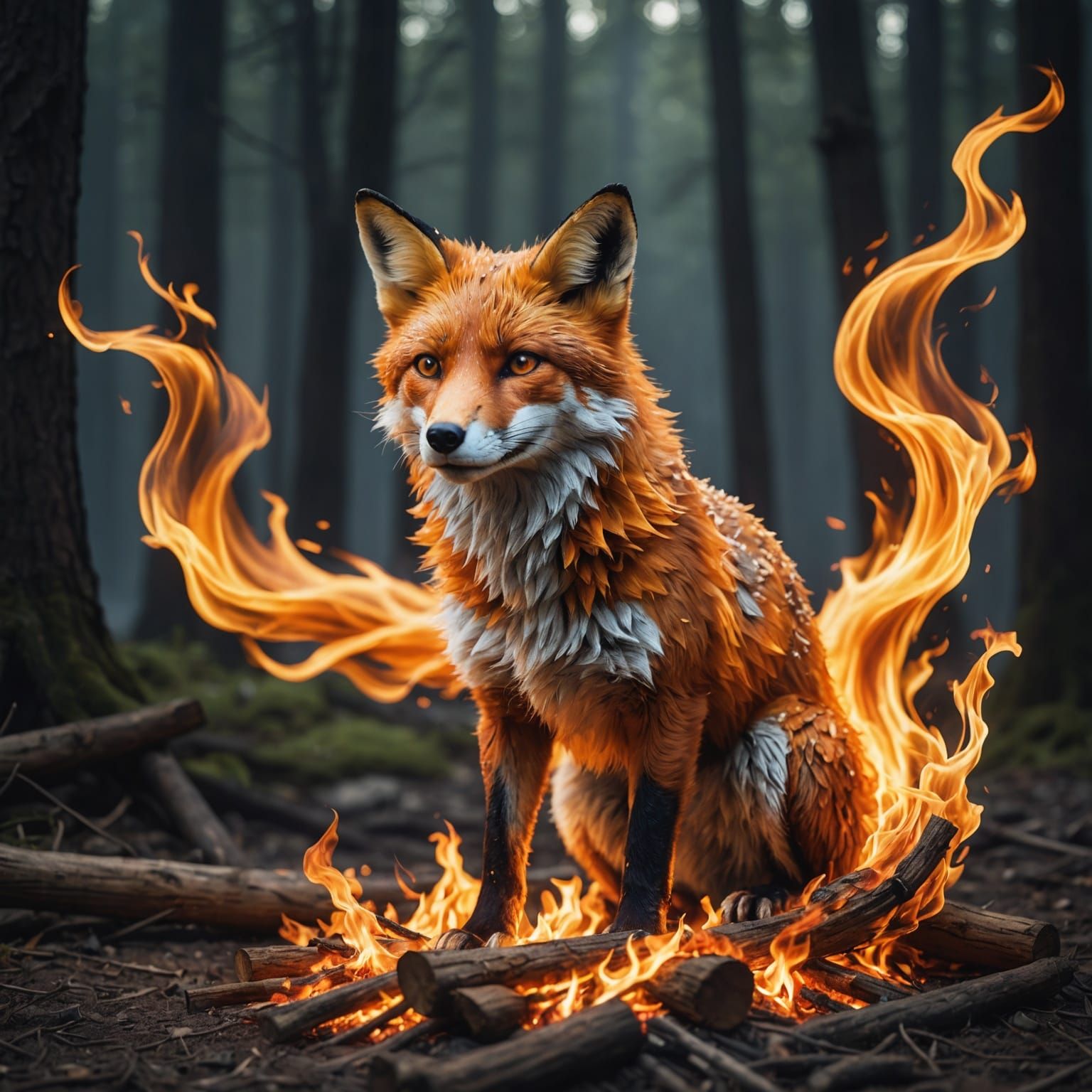 Flaming Fox Emerges from Campfire