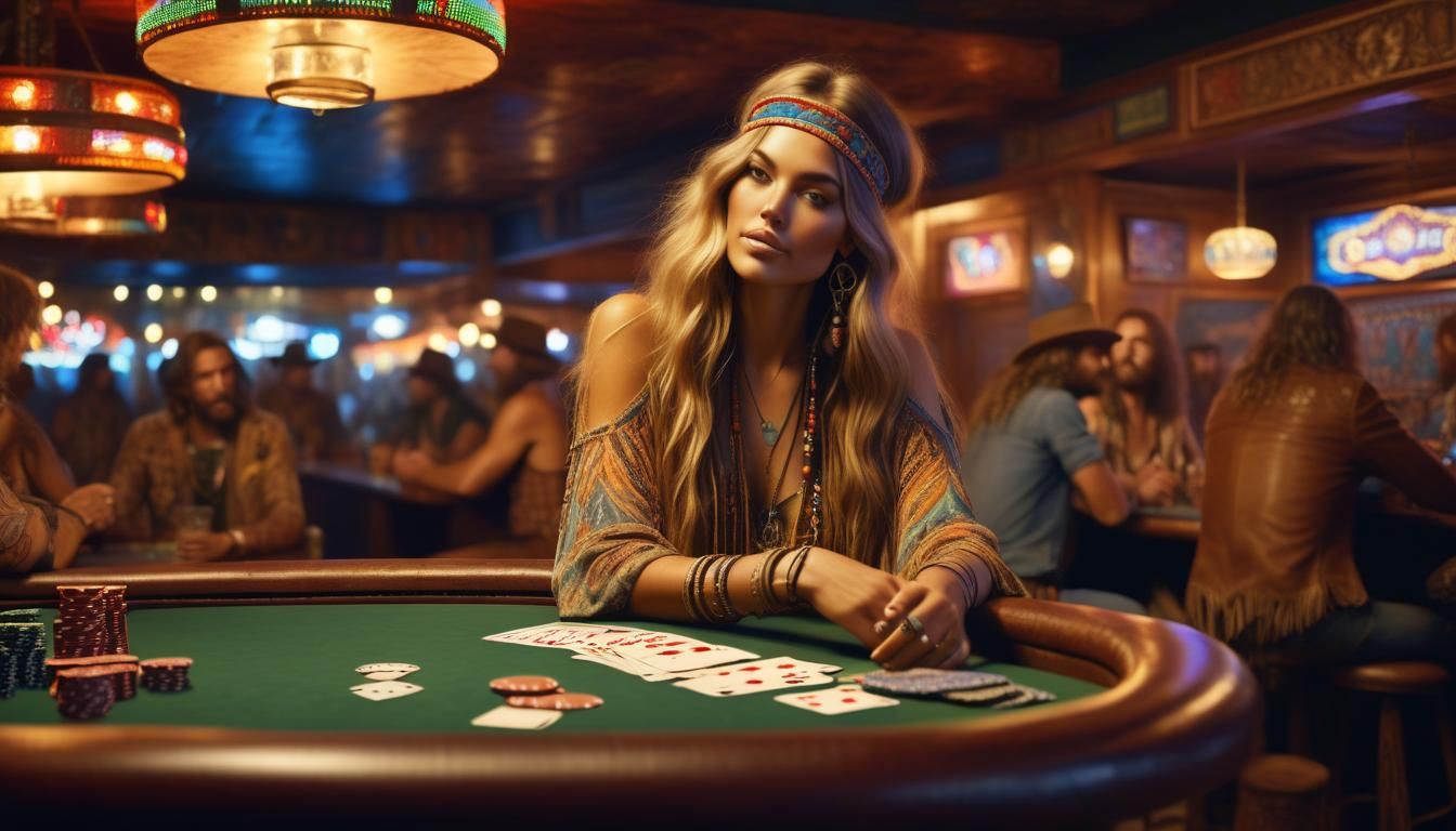 Hippie Girl Watching Poker Game in Bar