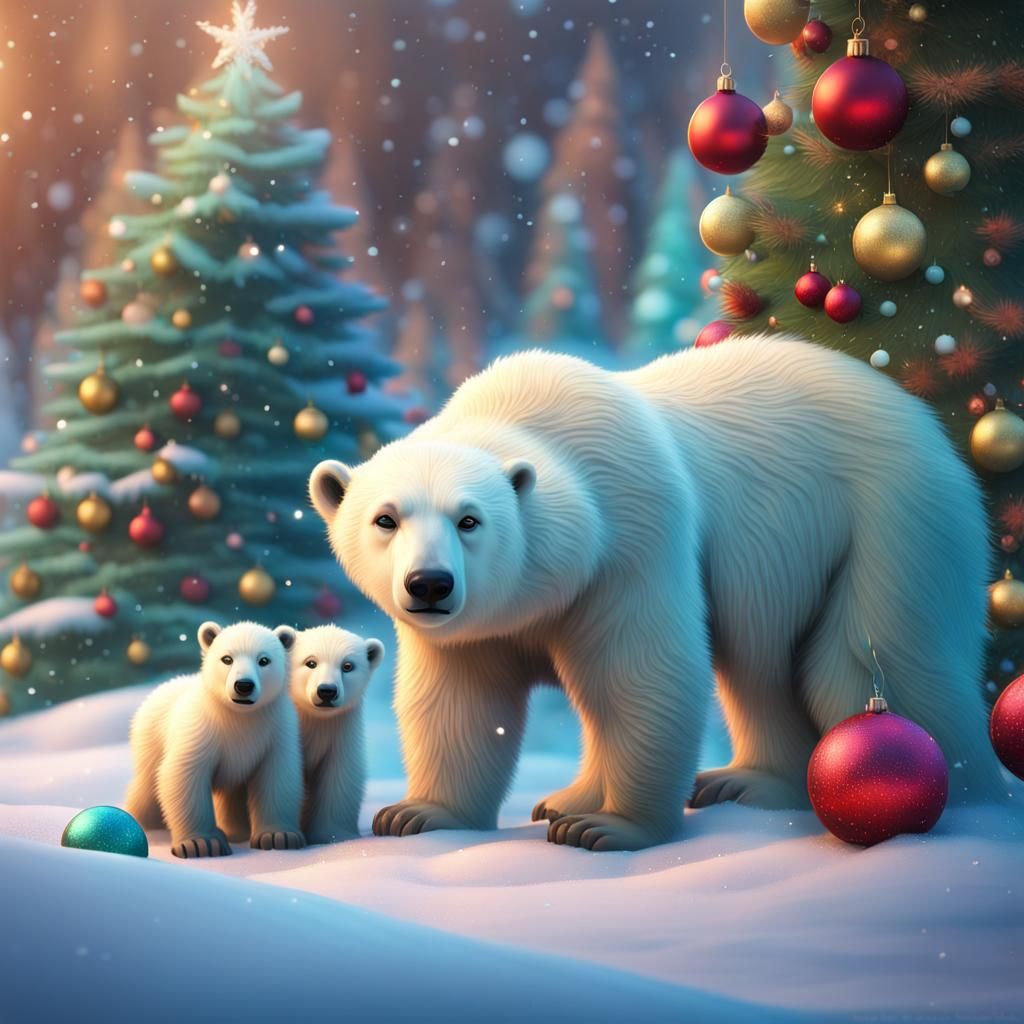 Polar Bear Family Christmas in Detailed 3D Art