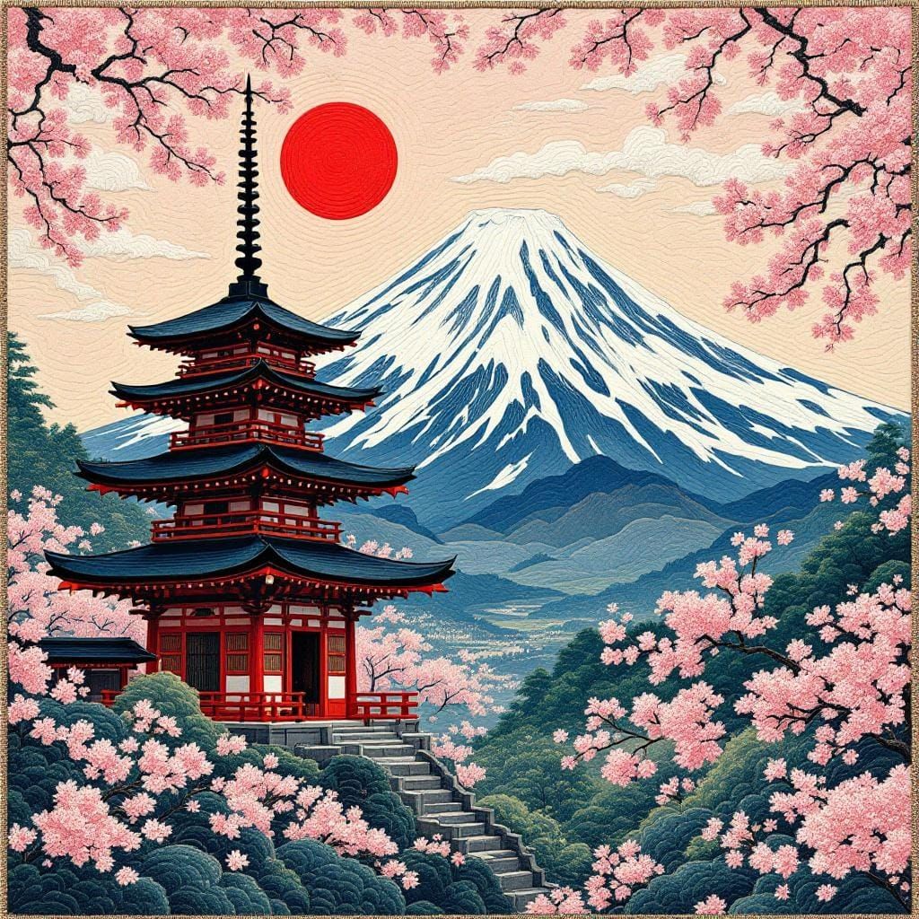 Quilted Mount Fuji Scene in Hokusai and Hiroshige Style