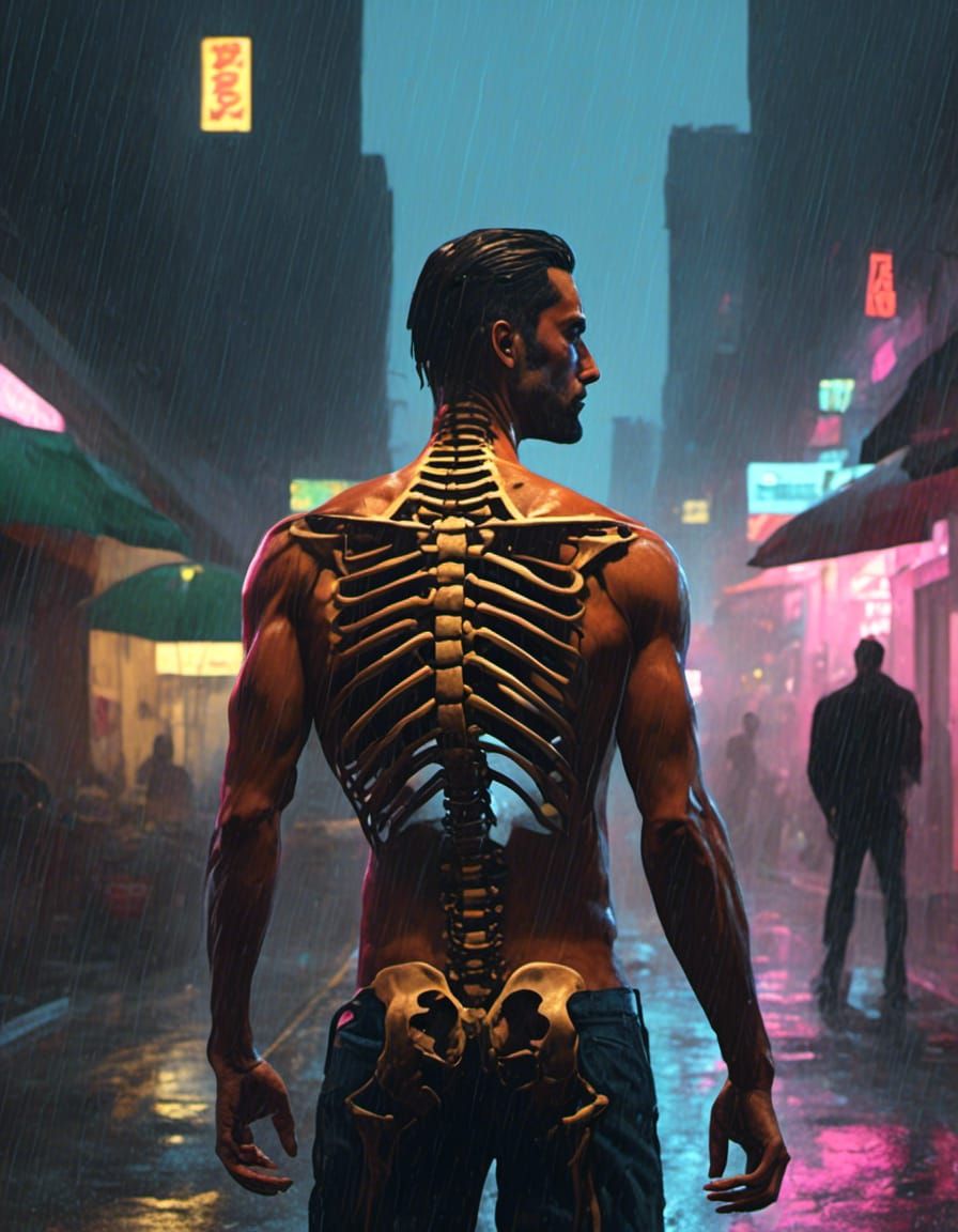 Hyperrealistic Skeleton in Rain, Cinematic Style