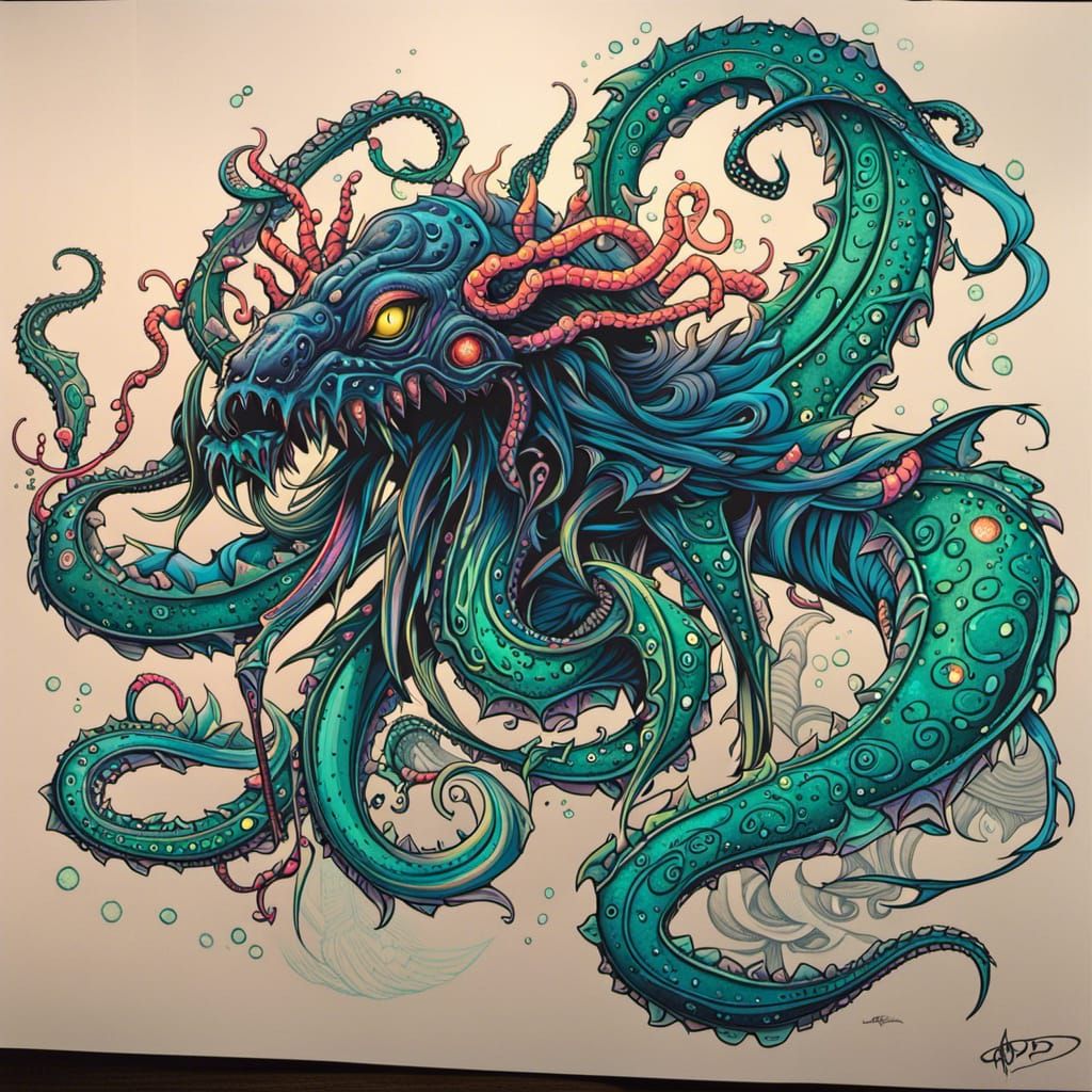 Bioluminescent Kraken Monster in Aetherpunk Ink Drawing