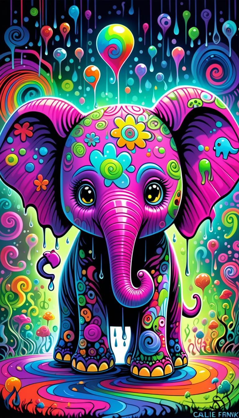 Psychedelic Chibi Elephant Inspired by Burton and Fink