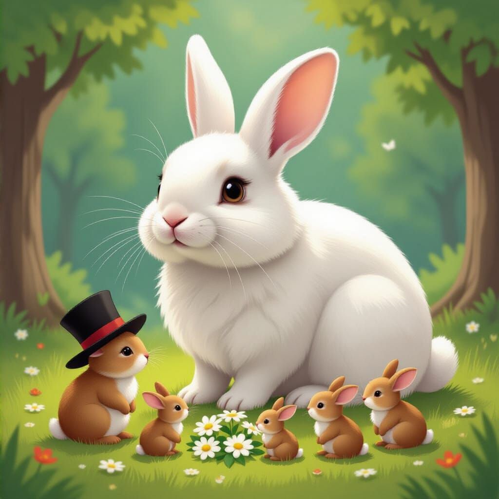 Giant White Rabbit with Clover-Carrying Bunnies