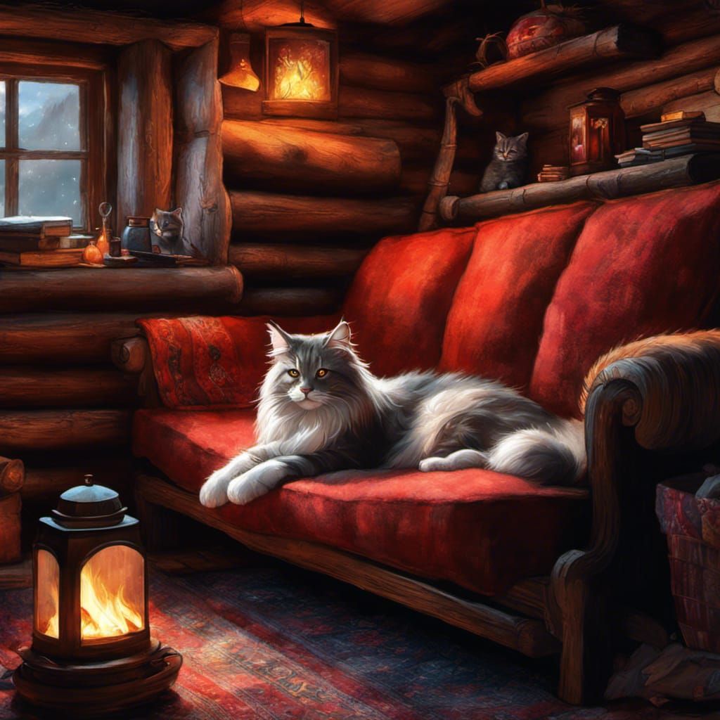 Maine Coon Cat in Cosy Log Cabin, Detailed Digital Art