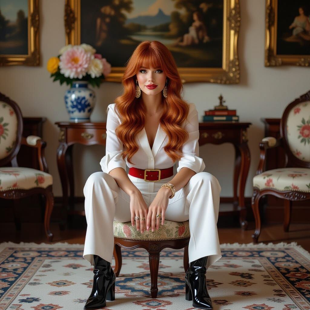 Redhead Woman in White Blouse and Red Belt