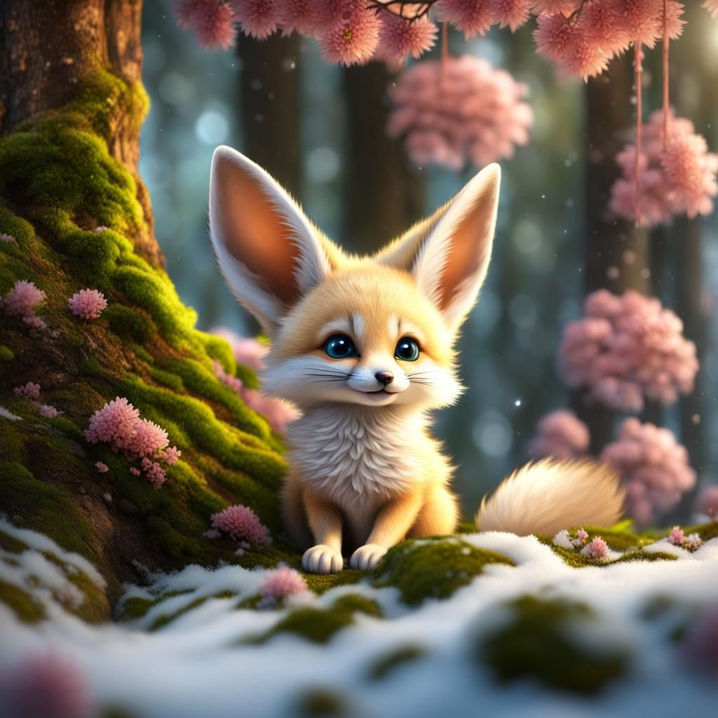 Adorable Fennec Fox Kit in Snowy Forest, Fantasy Concept Art
