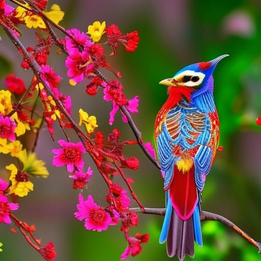 Hyperdetailed Beautiful birds with plumage and flowers 4k hd