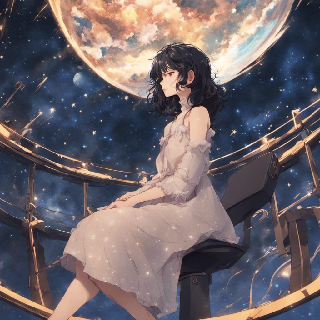 Anime Woman in Starry Dress at Planetarium