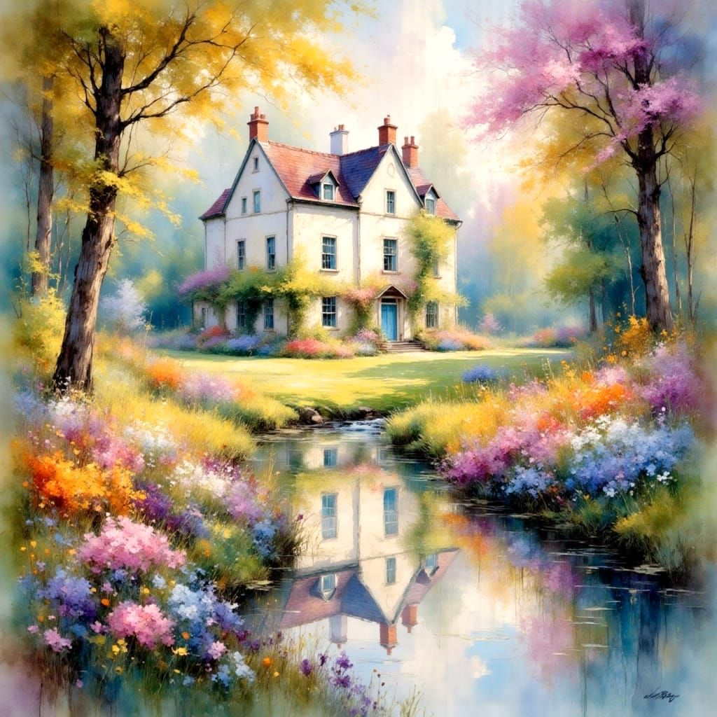 Ethereal Manor House in Gouache Style