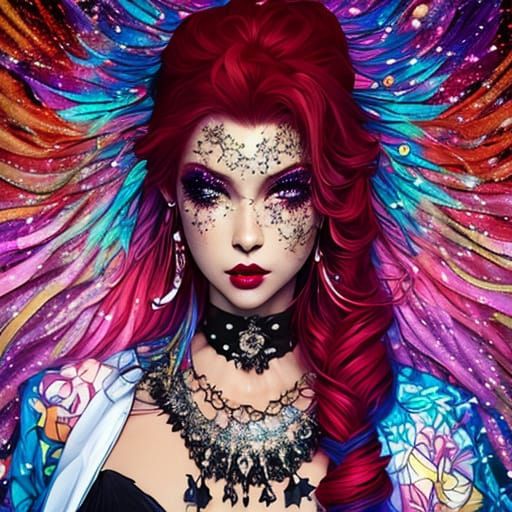 Glamorous Portrait of Woman with Red Hair and Glitter Makeup