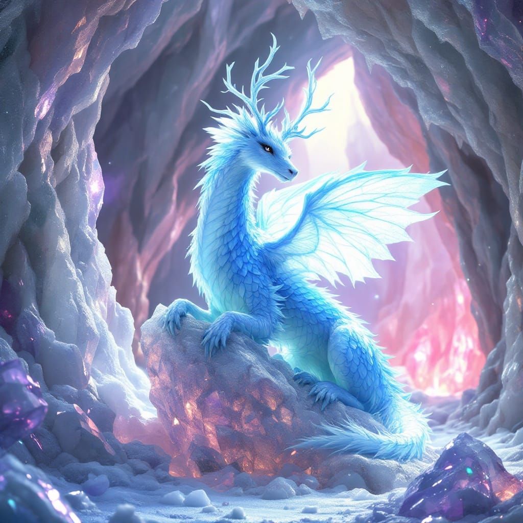 Mystical Ice Dragon-Deer in Crystal Cave