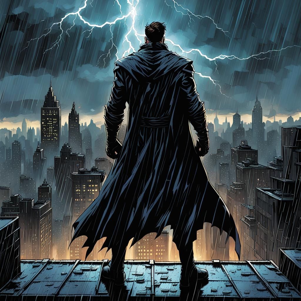 Brooding Villain on Rooftop in Comic Book Art