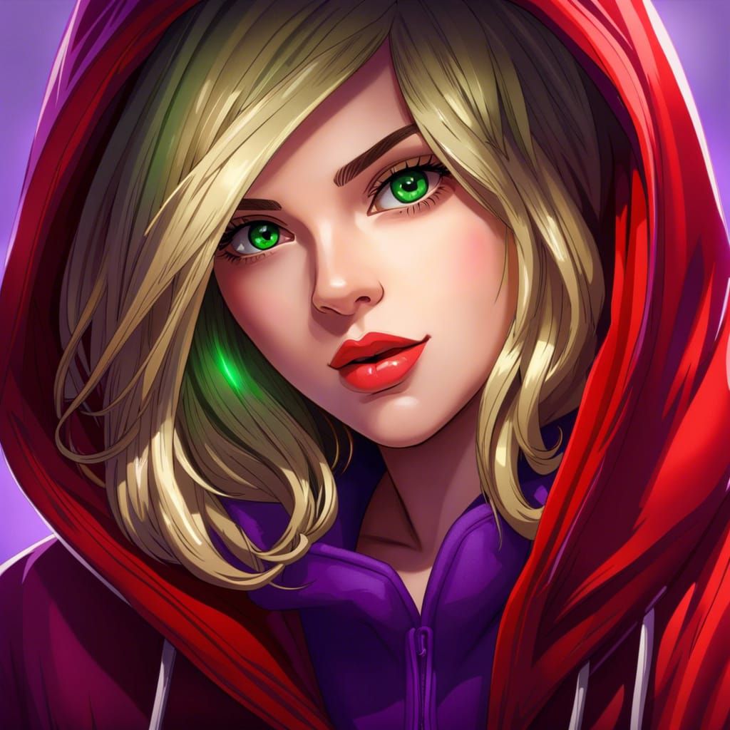 Anime Woman with Blonde Hair and Purple Hoodie