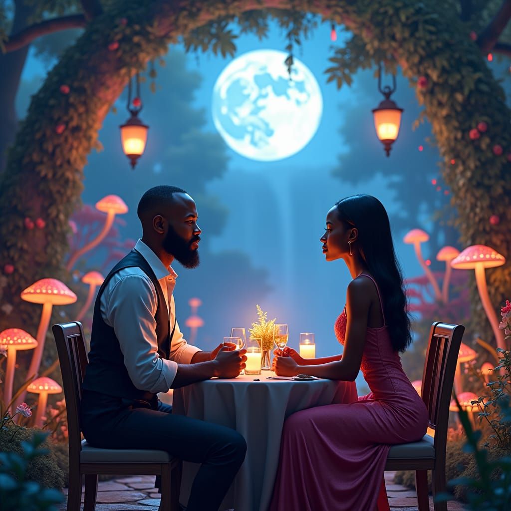 Magical Date Night in Fantasy Garden, Photorealistic Digital...