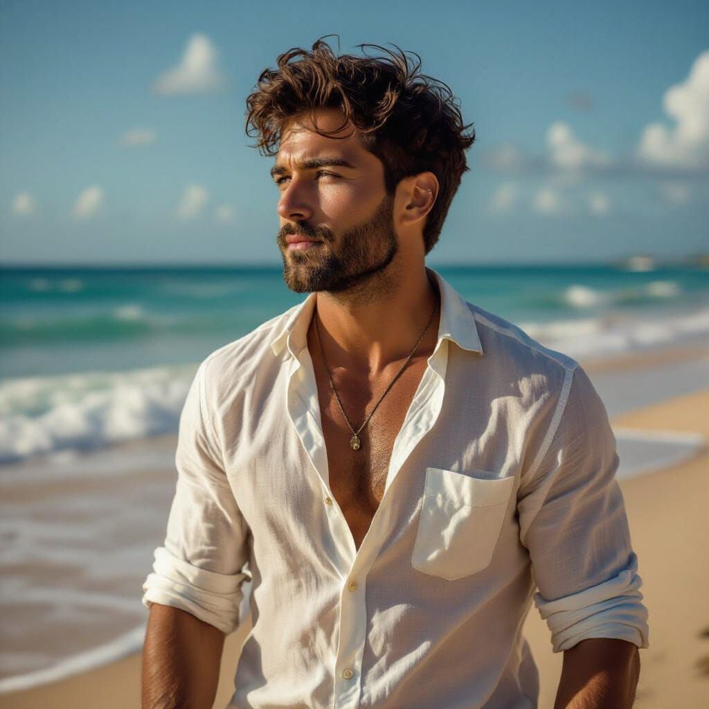 Photorealistic Man in Diverse Settings: Beach, Office, Bar