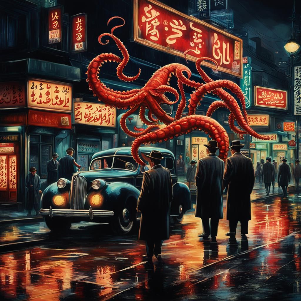 Film Noir Octopi in Tokyo Street Scene
