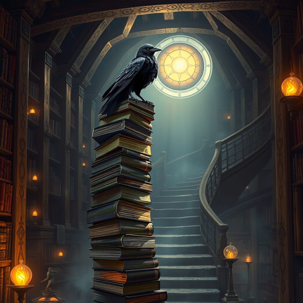 Ancient Library Whispers Secrets to a Wise Raven in Ethereal...
