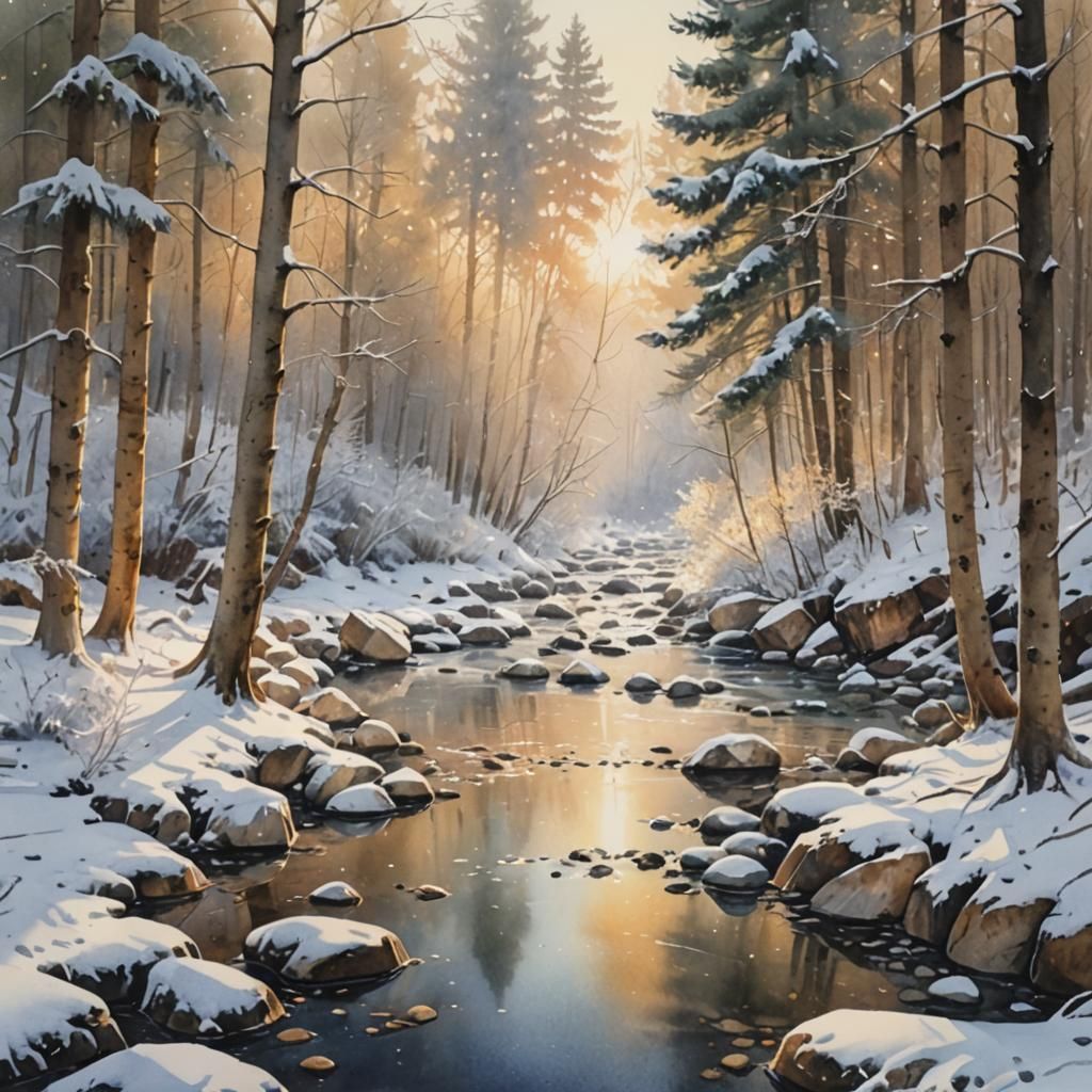 Serene Snowy Forest Scene in Watercolor Style