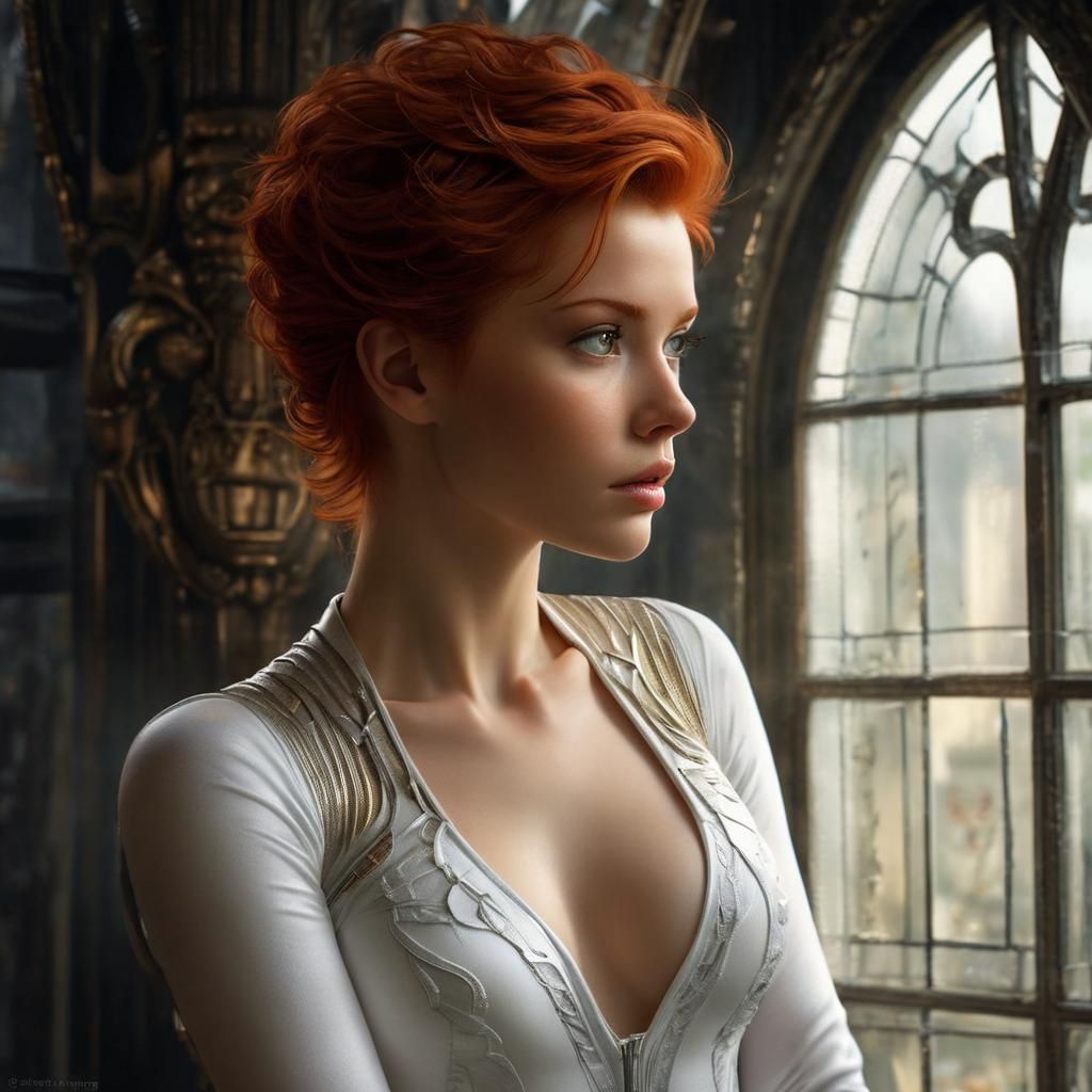 pretty Irish red-haired female wearing a white action bodysuit, pretty face, pretty features, pixie, amazing beauty, loo...