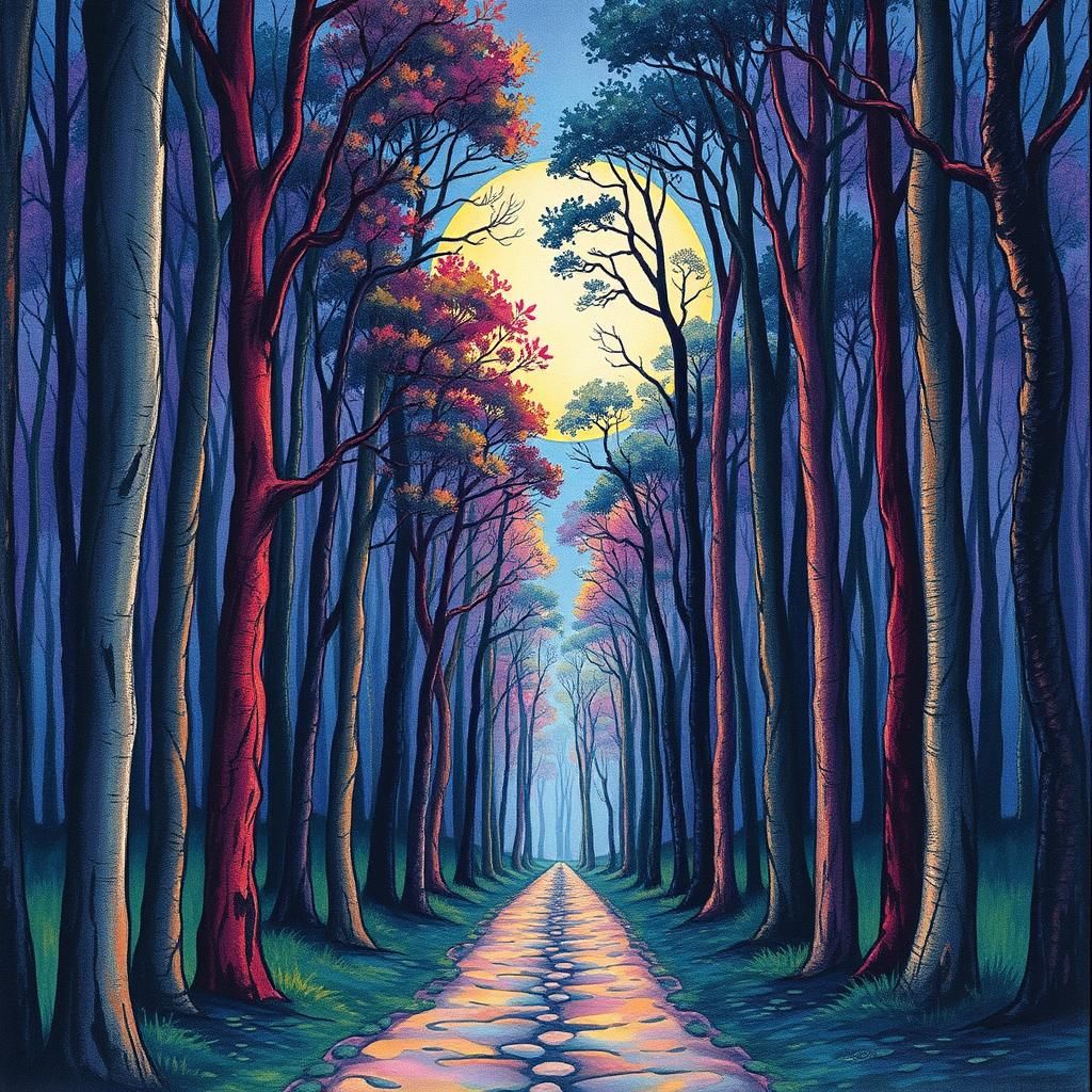 Moonlit Forest Pathway in Post-Impressionist Style