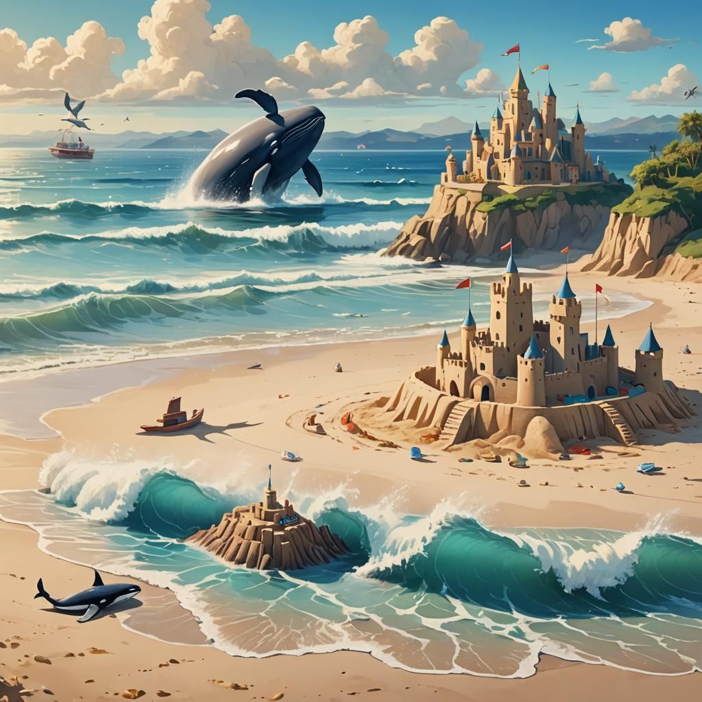 Beach Sandcastle and Whale in Anime Style