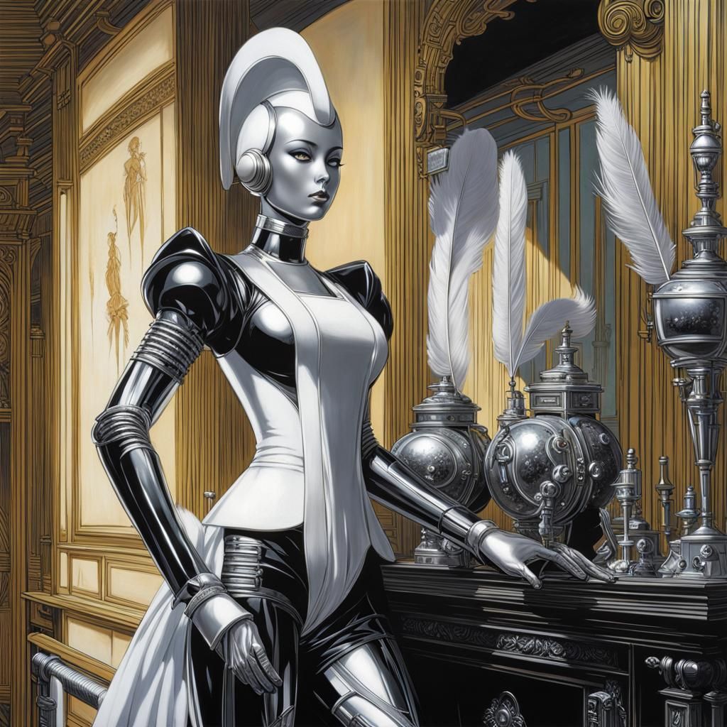 Futuristic Robot Maid Dusting in Silver and Black