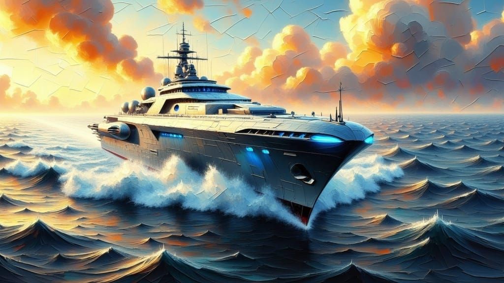 Futuristic Battleship at Sunset in Industrial Style