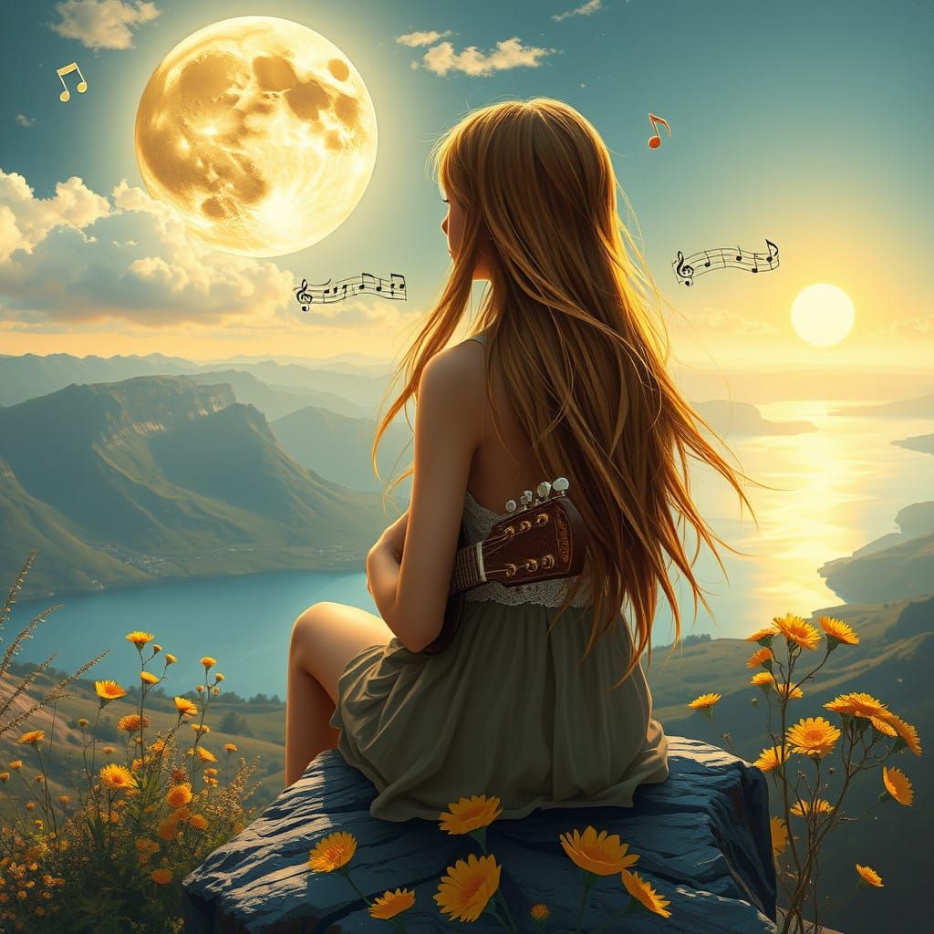 Golden Goddess on Cliff's Edge, Serene Landscape, Dreamy Won...