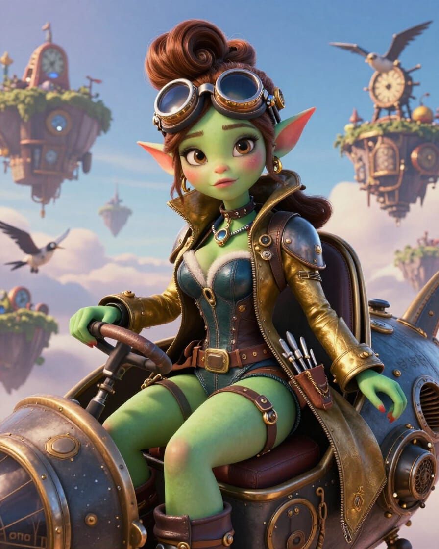 Steampunk Goblin Captain Pilots Dirigible Over Clockwork Isl...