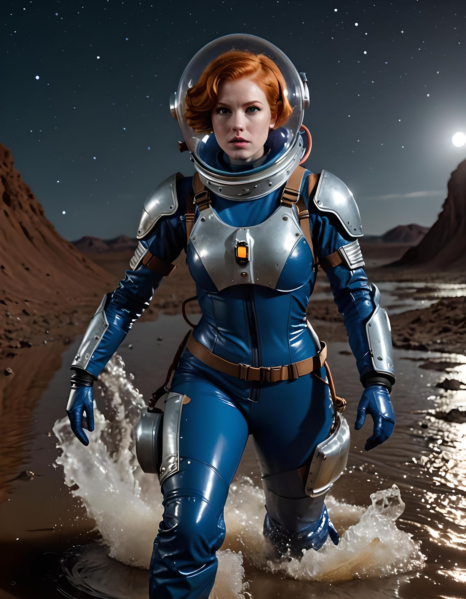 Redhead Astronaut Runs Through Mercury Pools on Alien World