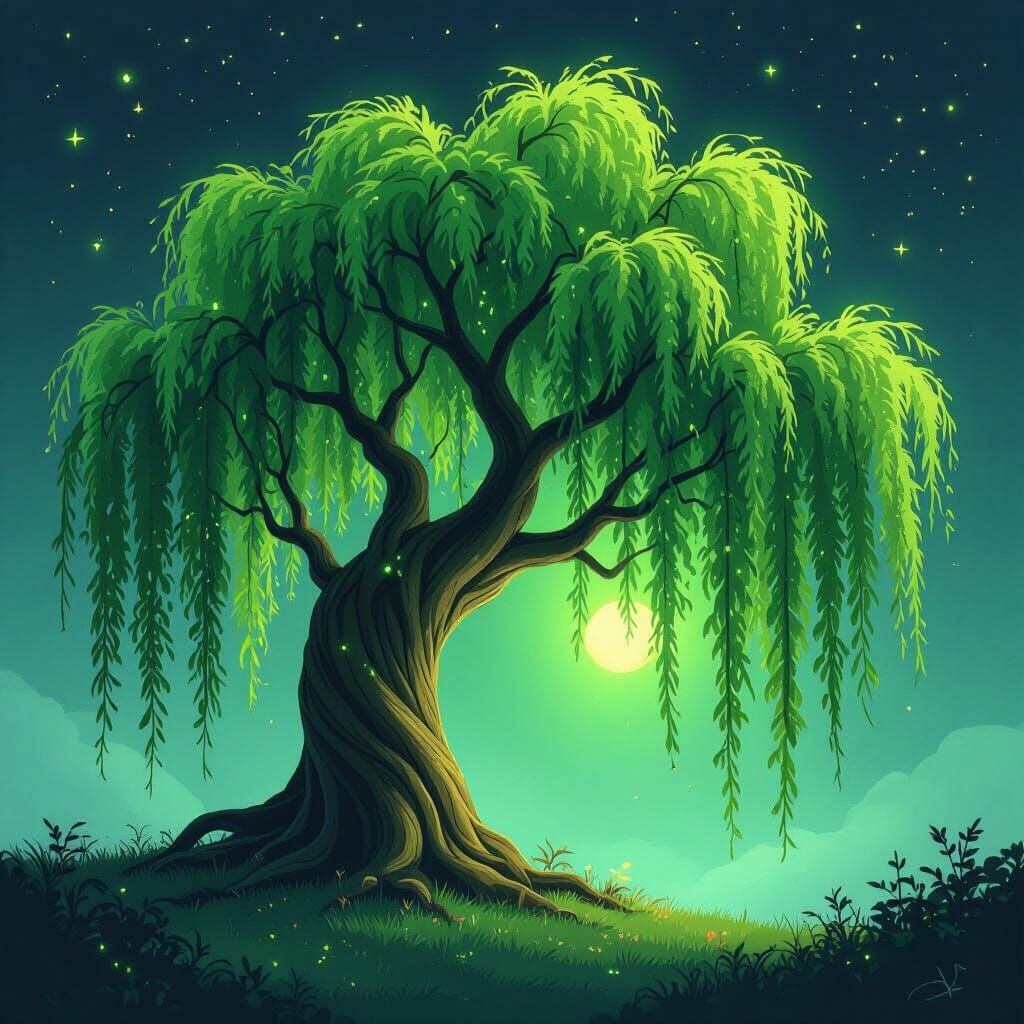 Enchanted Willow Tree with Glowing Aura, Fantasy Art