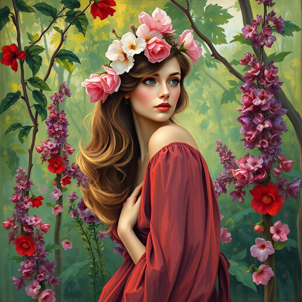 Woman with Flowers in Hair in Serene Forest