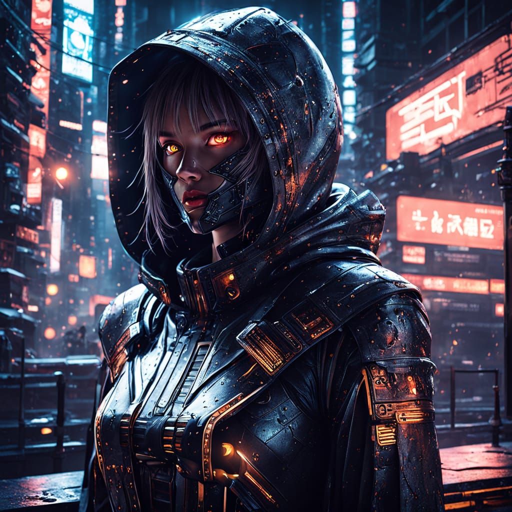 Cyberpunk Girl Overlooking City at Night in Anime Style