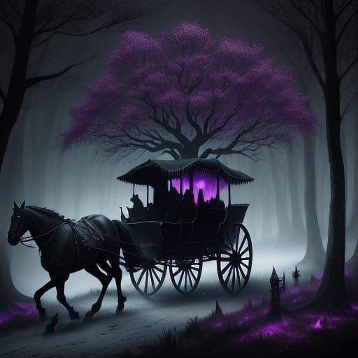 Ghostly Carriage on Moonlit Forest Path Oil Painting