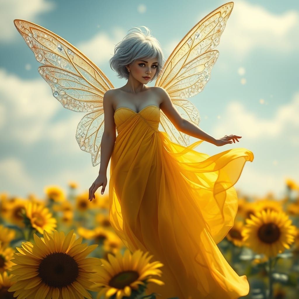 Majestic Plus-Size Fairy Soars Amidst Vibrant Sunflowers