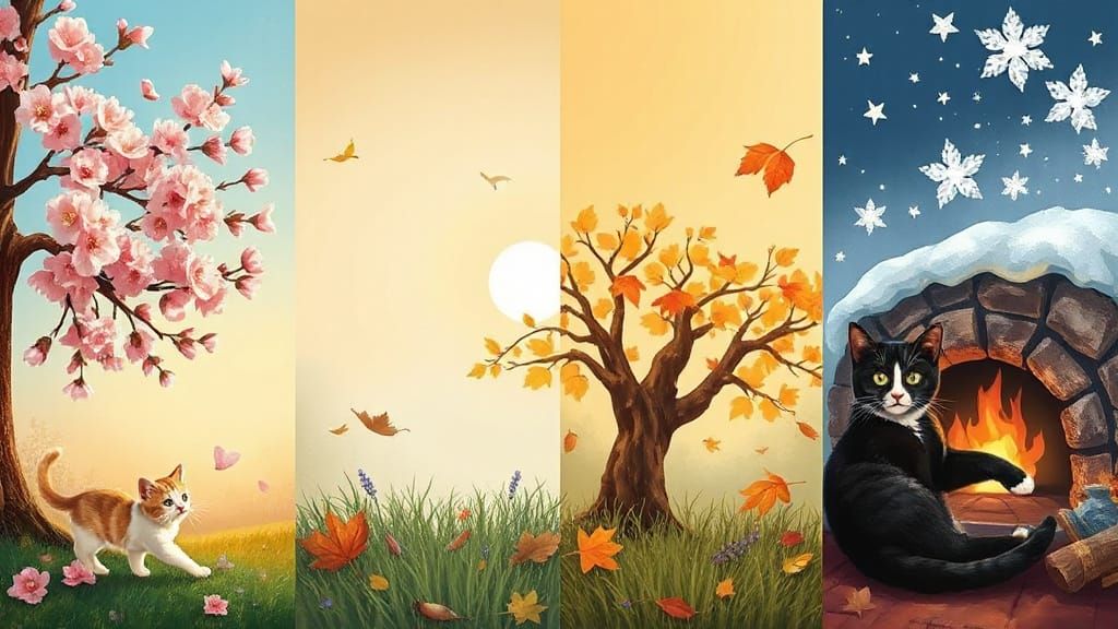 Four Seasons Quadriptych with Cats