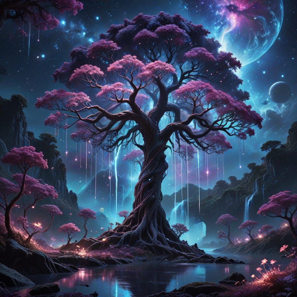Cosmic Waterfall Into Alien Trees - Surreal Dreamscape