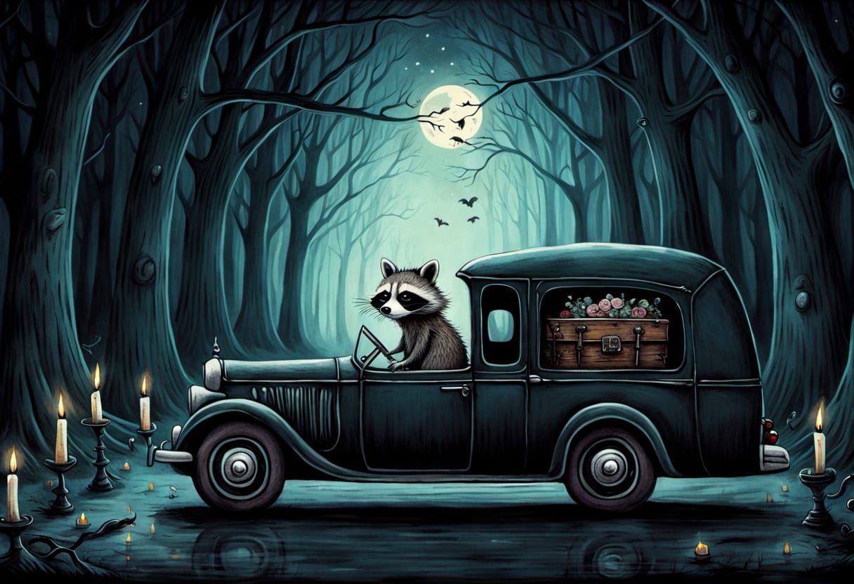 Raccoon Drives Hearse in Eerie Gothic Fairyland
