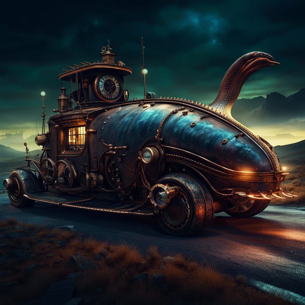 Steampunk Whale Car on Post-Apocalyptic Road