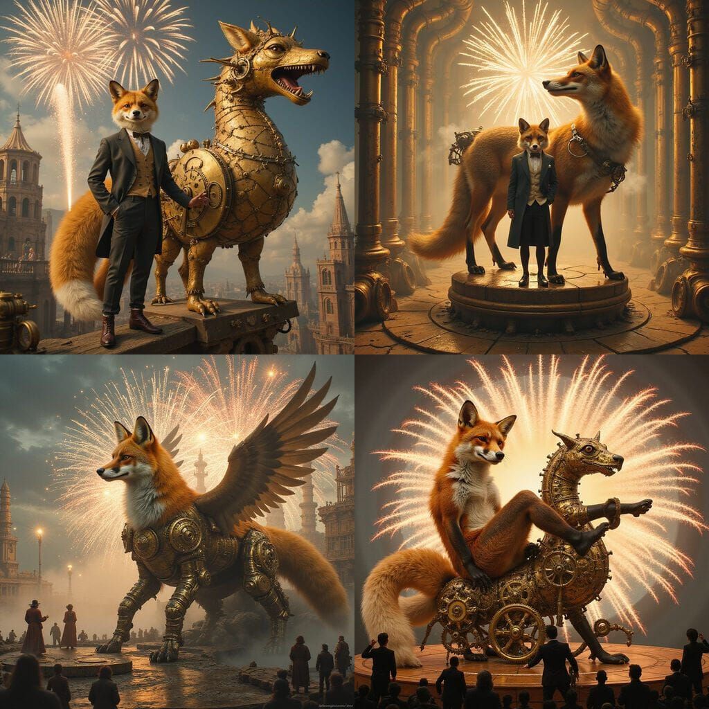 Fox on Mechanical Gryphon Stage in Jules Verne Style