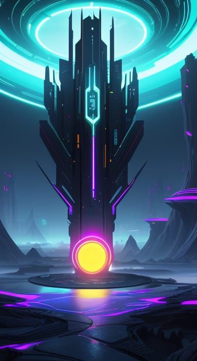 Sleek Futuristic Alarm Clock in Neon-Hued Fantasy Landscape