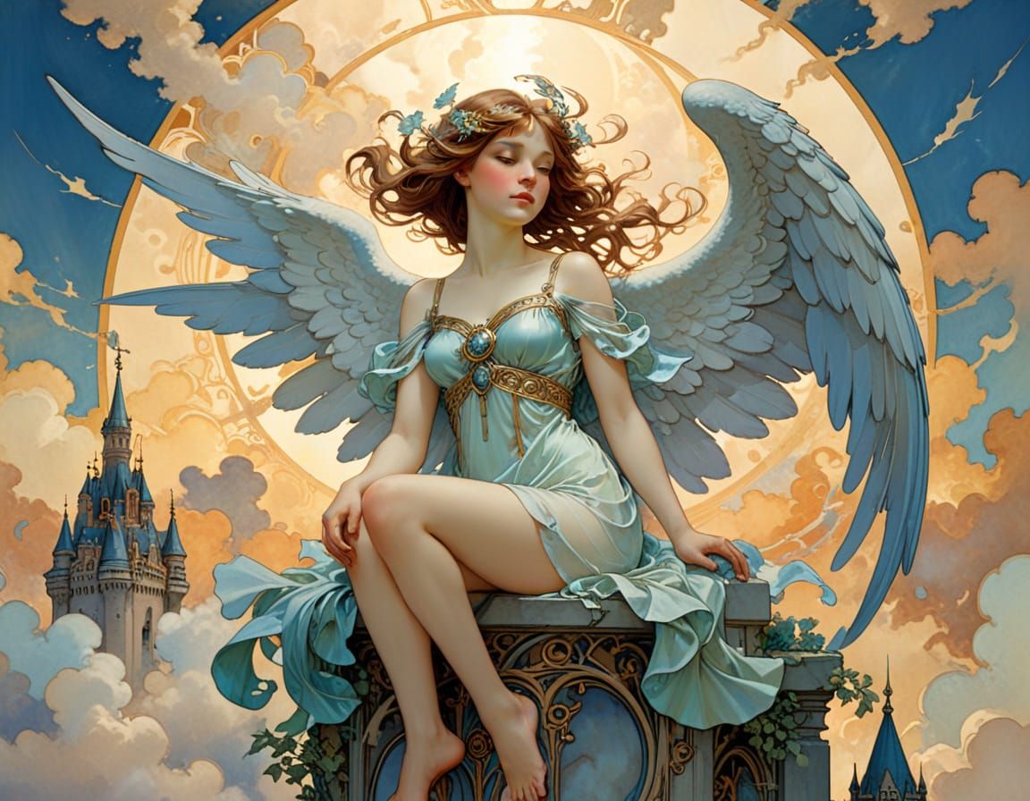 Art Nouveau Angels and Cloud Castles in Mucha Style
